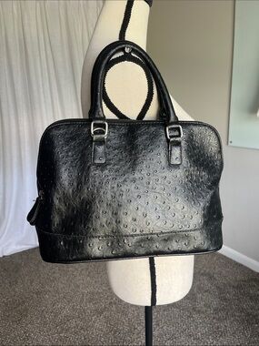 Bueno Black Faux Ostrich Embossed Handbag Silver Hardware Bag Tote Purse